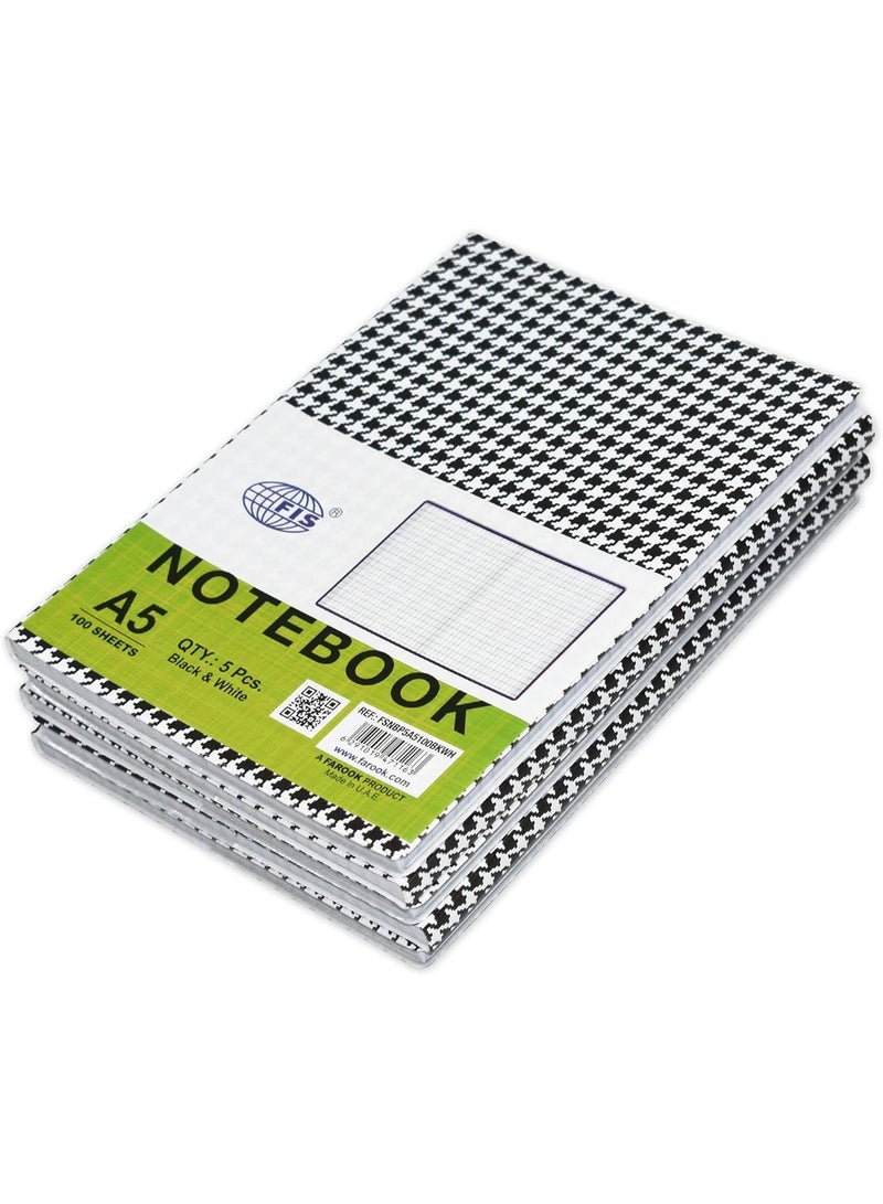 FIS PVC Soft Cover Square Lines Notebook, Size A5 White/Black Pack of 5 Pieces - Image 1